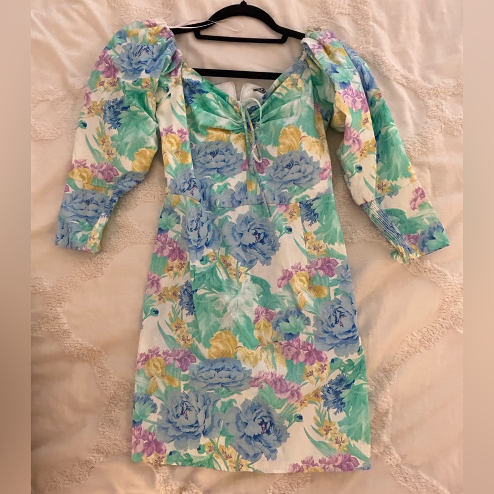 *NWT* Zara Off The Shoulder Printed Neon Multicolor Watercolor Dress; size XS - Picture 1 of 5